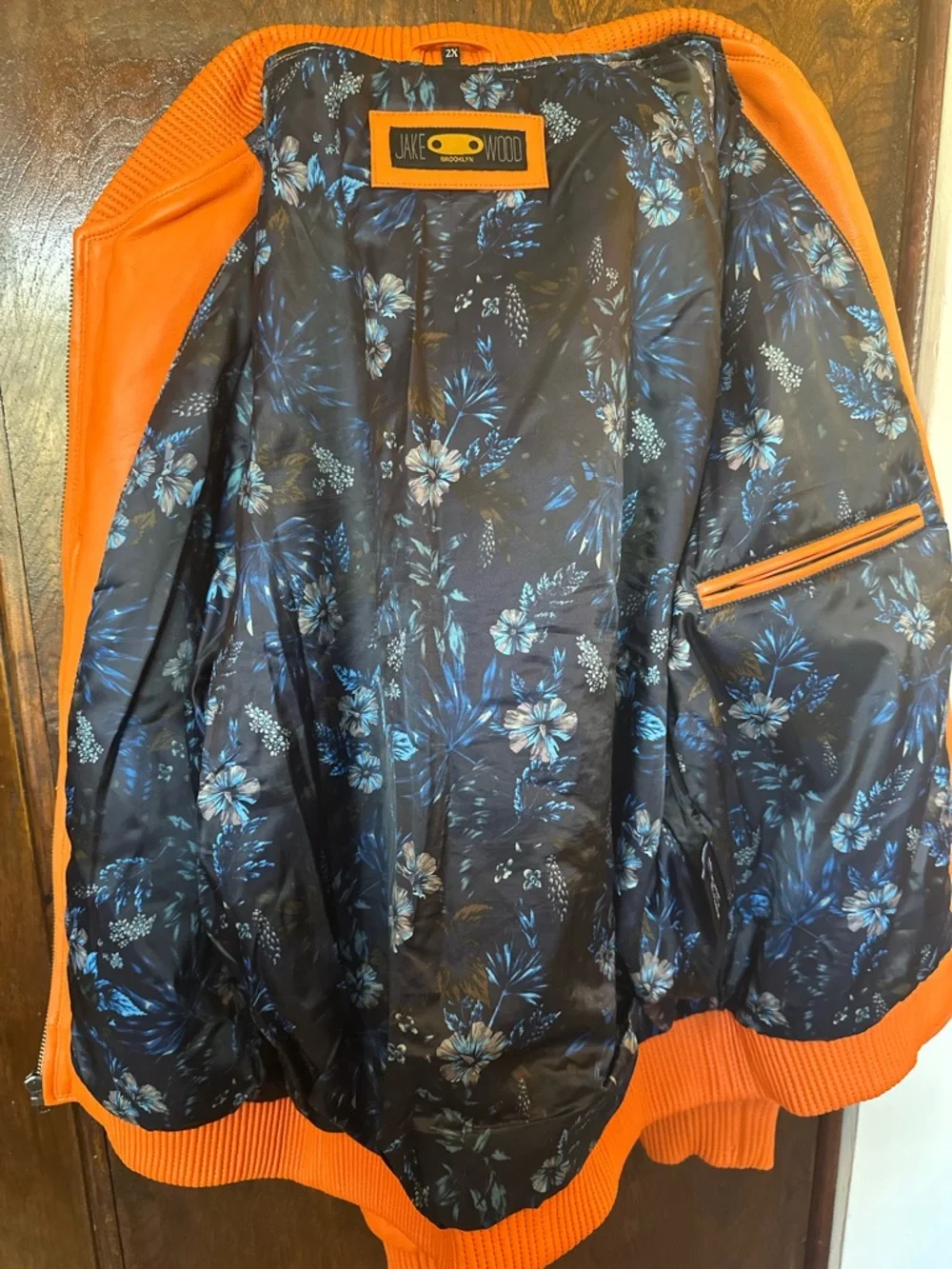 Jake Wood Men's Orange Lambskin Leather Zip-Up Bomber Varsity Jacket Size 2X - Picture 8 of 14